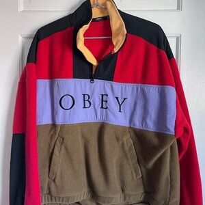 Obey Red and Cream Fleece Pullover